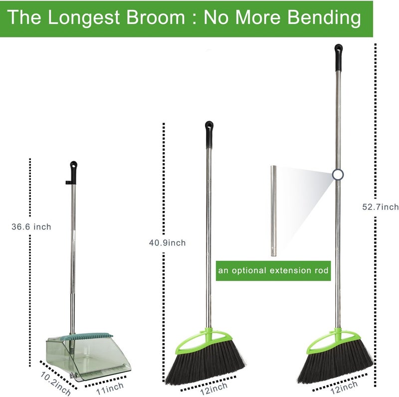 Dodifker Soft Bristles Green Angle Broom and Dustpan Set, Long Handle Household Indoor Broom with Dustpan Combo Set for Room Kitchen Lobby Office Hardwood Floor Sweeping Floor Cleaning - Image 2